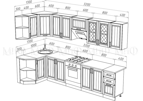 Кухонный Гарнитур Настенька Угловая 1300 x 3200 мм МДФ/Разные Цвета